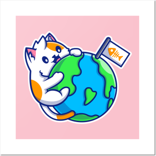 Cute Cat Hug World Posters and Art